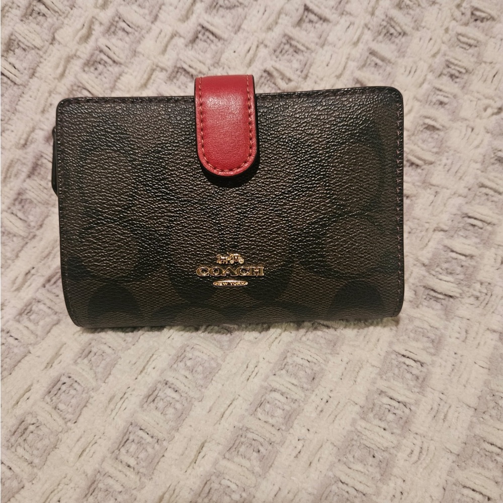 Coach BrownSignature Wallet with Red Snap Tab